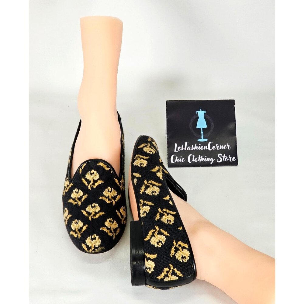 Zalo Women's Black/Yellow Flowers Print With Black Leather Trim Loafers Sz 8 195 - Picture 10 of 15